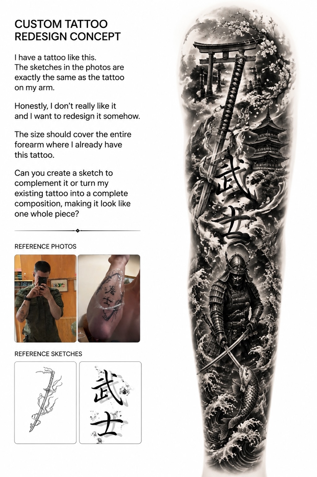 Samurai sleeve tattoo redesign — before and after