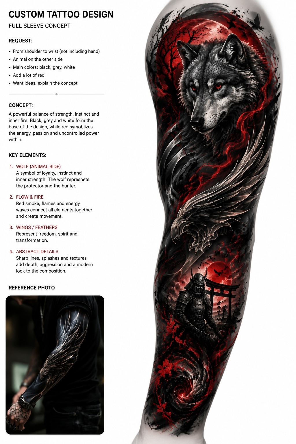 Wolf full sleeve tattoo concept — before and after