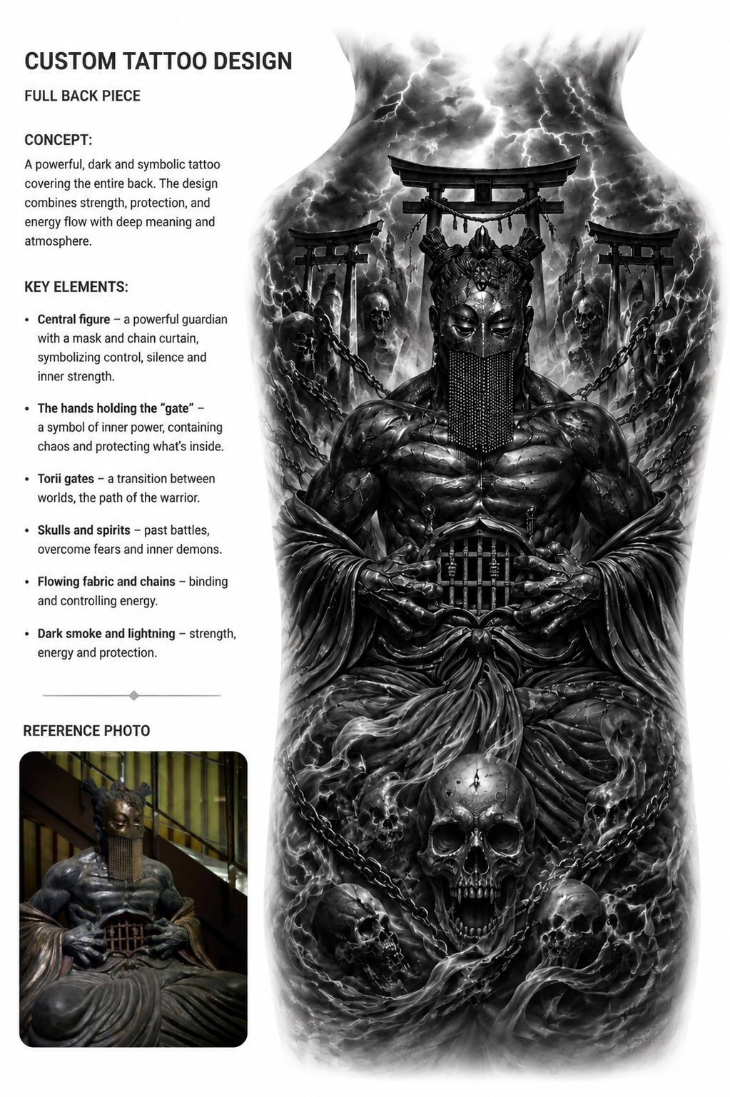 Guardian full back piece tattoo concept — before and after